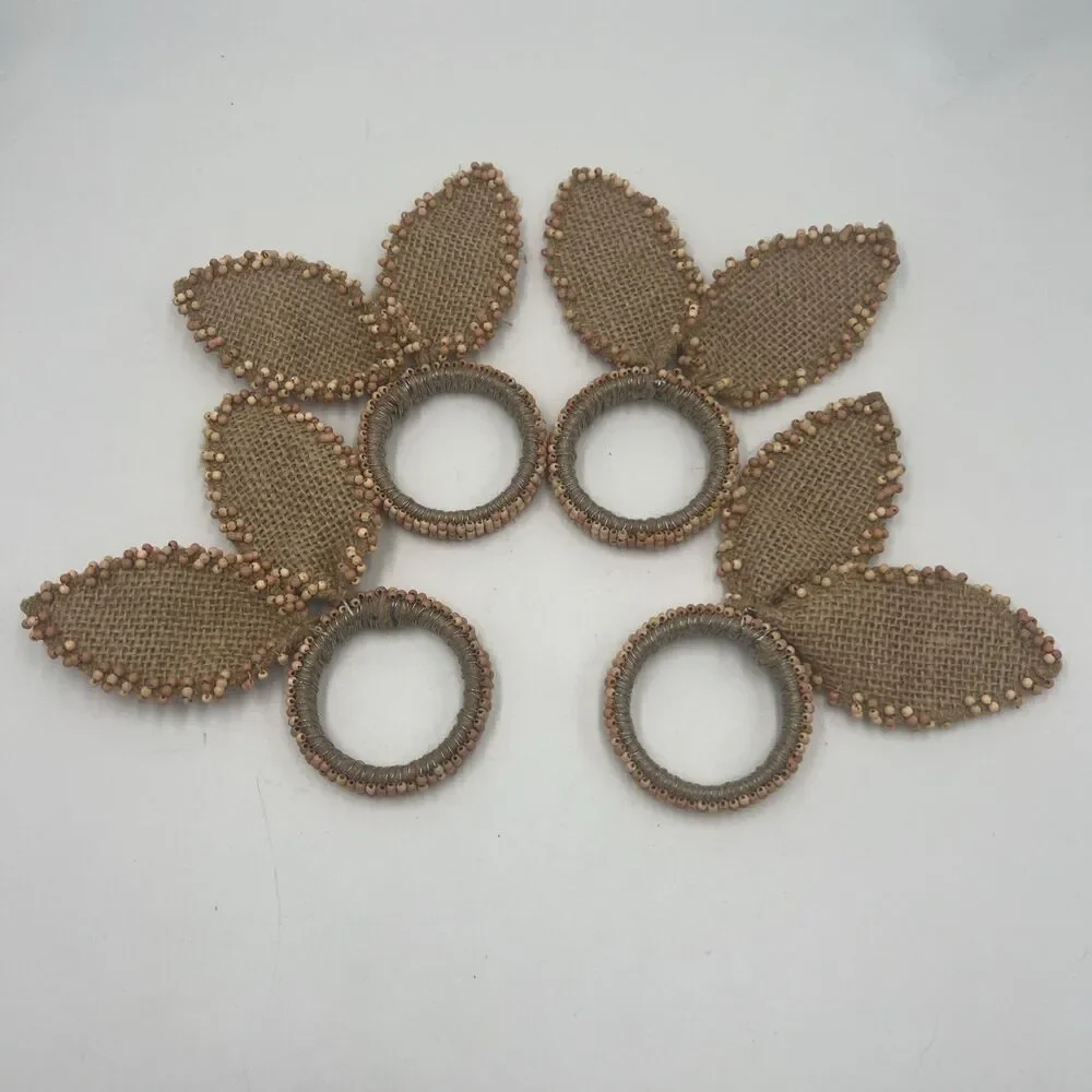 4 Nicole Miller Napkin Ring Easter Bunny Ears Beaded Burlap Tan Set Shabby Chic